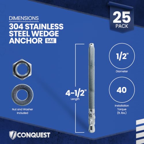 Conquest 304 Stainless Steel Wedge Anchors for Concrete 1/2” x 4-1/2” - size: 1/2" x 4-1/2"