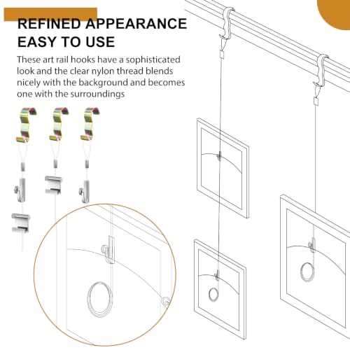 Dunzy 10 Pcs Picture Rail Hooks for Hanging, 71" Clear Nylon Cord, Zinc - color: Zinc, size: 71" Clear Nylon Cord