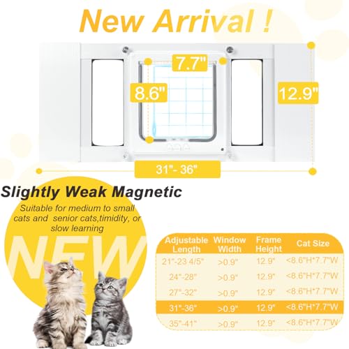 Cat Door for Window, Quick Damage-Free Install, 32"-36" Width Adjustable, All Aluminum Frame, 4-Way Lock, Magnetic Closure Cat Window Door, Extra Window Sealing Strips (L) - size: L: Fits 32"-36" Width
