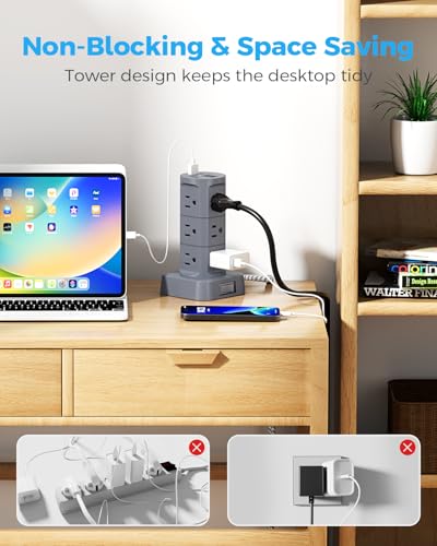 Charging Station Tower, Power Strips with Surge Protection, Flat Plug - color: Gray, size: 6 FT