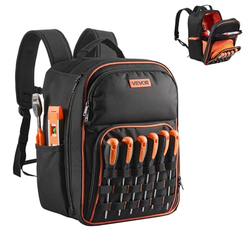 VEVOR Tool Backpack, 49 Pockets, Heavy-duty Tools Storage Organizer Work Bags Backpack with Laptop Compartment & Reinforced Fabric Base, Electrician Jobsite Backpack for Electrician, Repairman - size: 49 Pockets + Non-Rolling