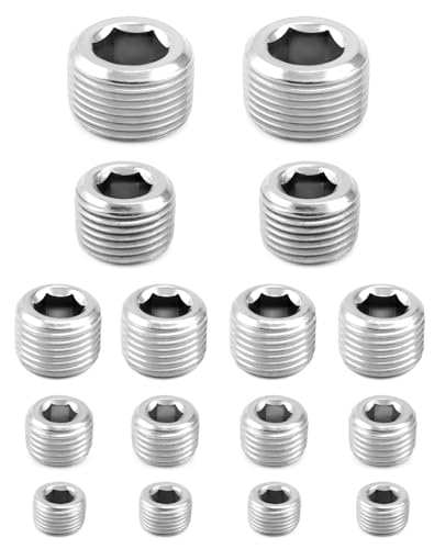 QWORK 304 Stainless Steel Pipe Fitting Kit Hex Countersunk Plug Assortment Set with NPT Male Thread 16 Pcs