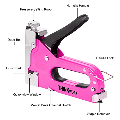 THINKWORK 3-in-1 Pink Staple Gun for Upholstery & Wood DIY Manual Nailer - color: Pink
