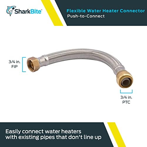 SharkBite 3/4 Inch x 3/4 Inch FIP x 12 Inch Stainless Steel Braided Flexible Water Heater Connector, Push To Connect Brass Plumbing Fitting, PEX Pipe, Copper, CPVC, PE-RT, HDPE, U3088FLEX12LF - size: 12 in, style: SharkBite