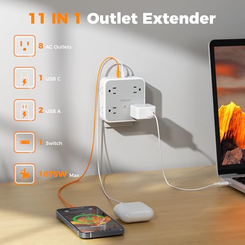 TESSAN Wall Surge Protector Outlet Extender with 8 Outlets Wall Charger - color: Grey, size: 2 USB-A+1 USB-C