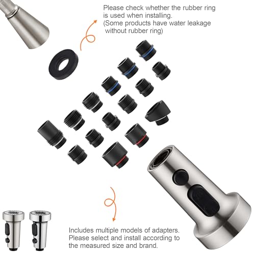 TIORIY with 15 Adapters Pull Down Kitchen Sink Faucet Head Replacement, 3 Functions Plastic Kitchen Sink Sprayer Nozzle Replacement for Kitchen Faucet, Pause Mode (Brushed Nickel) - color: Brushed Nickel, style: Pause