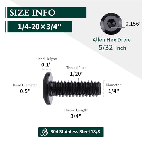 1/4-20 x 3/4" Black Hex Socket Head Cap Screws, 304 Stainless Steel 18-8, Furniture Bolts, Connector Screws, Black Coated, Full Thread, 25 PCS - size: 1/4-20 x 3/4"
