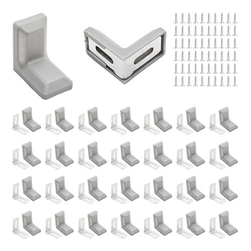 30PCS 90 Degree L Shape Metal Corner Brackets Gray Plastic Cover Right Angle Brace for Shelf Cabinet Chair Furniture, 1.1x1.1x0.7 with Screws - size: Gray