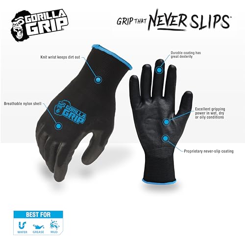 GORILLA GRIP Work Gloves, XLarge, 15 Pair, Black and Gray
