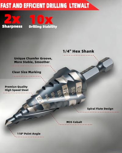 9 PCS M35 Cobalt Steel 4 Flute Step Drill Bit Set, Hex Unibit with Countersink Bits, Center Punch for Home Metal Aluminum Steel Wood Working - color: Silver Black