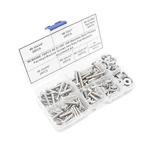 #8-32 UNC 304 SS Phillips Pan Head Screws Nuts & Flat Washers Kit - size: #8-32UNC