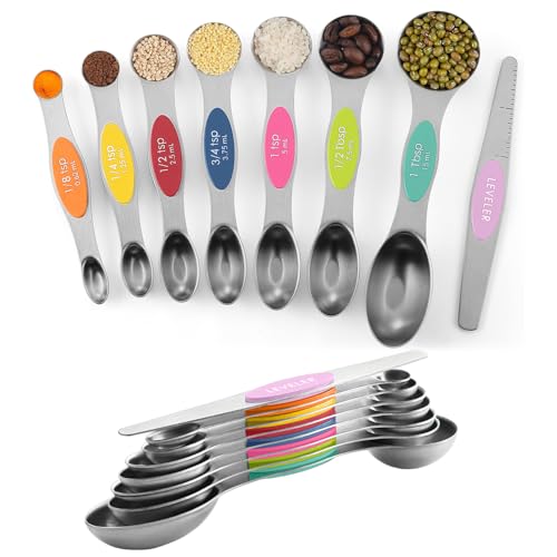 ChefAide Set of 8 Magnetic Measuring Spoons, Stainless Steel, Dual Sided - color: Multicolor-2, size: Magnetic Measuring Spoons