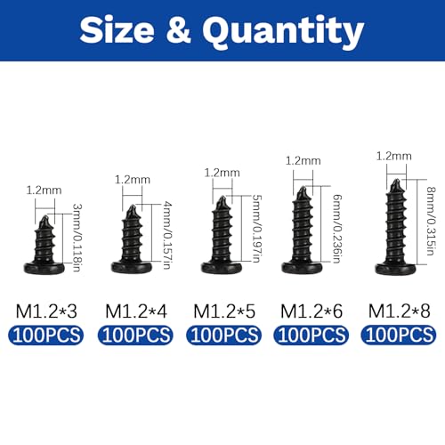 500Pcs M1.2x3/4/5/6/8 Self-Tapping Wood Screws Assortment Kit, Phillips Pan Head, Black Carbon Steel, 6 Sizes, for Wood Plastic and Soft Metal - size: M1.2x3/4/5/6/8-500Pcs