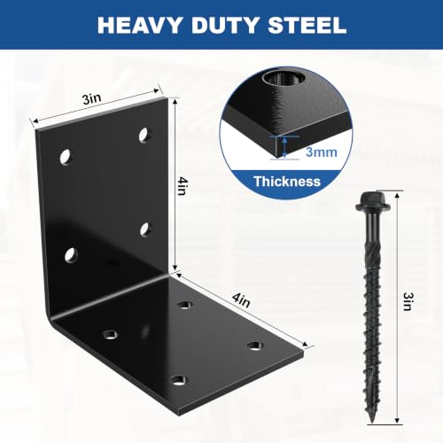 FMhotu 8Pcs 4" X 4" X 3" Heavy Duty Steel L Angle Bracket for Wood - size: 4" X 4" X 3"