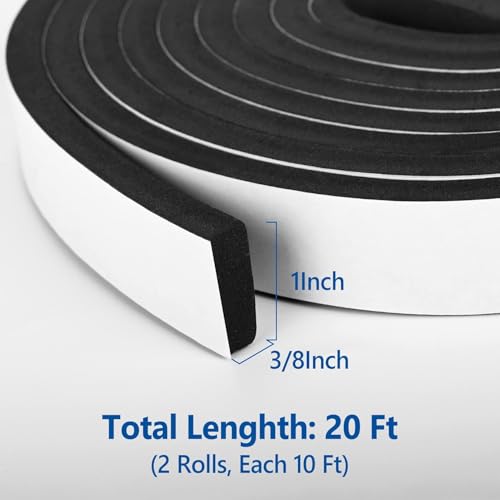 Kikerike Self Adhesive Foam Tape Weatherstrip 1In x 3/8In x 20Ft High Density Foam Insulation Strips Seal Weather Stripping with Strong Adhesive for Door and Window Sound Isolation Soundproofing - size: 1in x 3/8in x 20Ft