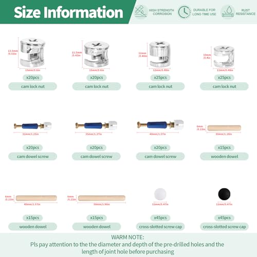 285Pcs 3 in 1 Furniture Connecting Hardware Connectors Kit for Cabinet Closet Drawer Wardrobe, Cam Lock Fittings with Dowel, Pre-Inserted Nut, Wood Dowel Pins and Locknut Caps