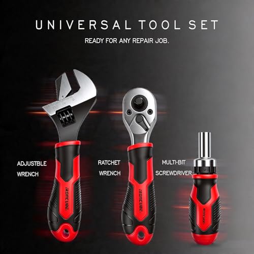 ironcube 53-Piece Socket Ratchet Wrench Set, with 20-In-1 Ratcheting Screwdriver & 2-in-1 Adjustable Wrench for Garage, Auto Repair, Household Backyard & College Dorm
