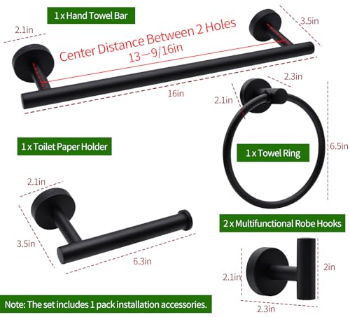 5pcs Bathroom Hardware Set, Matte Black Bathroom Hardware Set, Including 16" Hand Towel Bars, Toilet Paper Holders, Towel Rings, Robe Towel Hooks - color: 5pcs 16" Matte Black