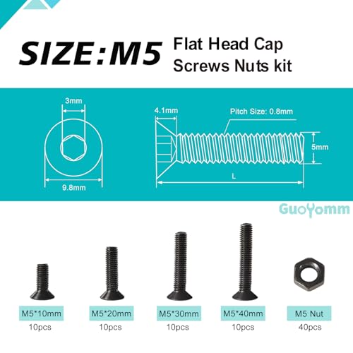M5 x 10mm 20mm 30mm 40mm, Flat Head Hex Socket Cap Screws Bolts, Countersunk Bolts and Nuts, 10.9 Grade Alloy Steel, Black Oxide, Metric Allen Drive, Fully Thread, Assortment Kit 80PCS - size: M5x10-40mm+Nuts
