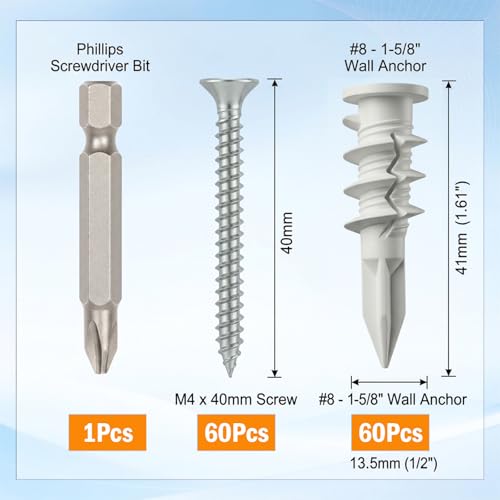 120pcs (60 Sets)-Plasterboard Fixings, Self-Drilling Plasterboard Anchors & #8 Galvanised Screws + Magnetic Screwdriver — 75 lb Hold - color: #8 Screws 120pcs