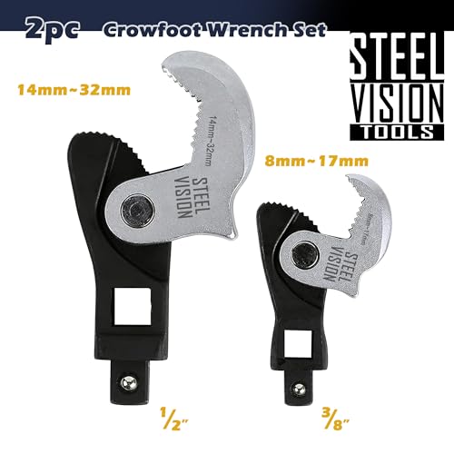 Steel Vision 2pc Crowfoot Wrench Set, Self-Adjusting Spring Jaws, 3/8" & 1/2" Drive, 8–32mm, Serrated Grip, Automotive & Plumbing Tool, Heavy-Duty for Tight Spaces, Replaces Open-End or Pipe Wrench - size: 2pc (8-32mm)