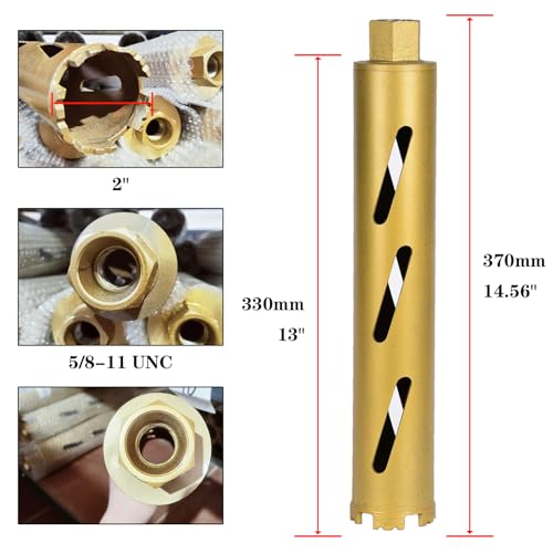 2" Dry Core Drill Bits for Cured Concrete with Rebar Brick Block Masonry etc 13in/330mm Drilling Depth，10mm Diamond Segment Height，2 Adapters - size: 2 inches