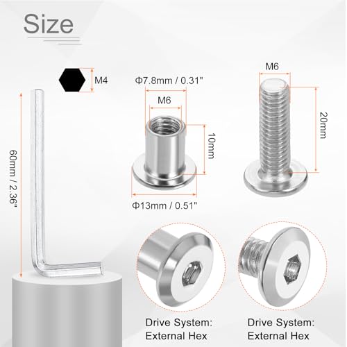 HARFINGTON 20 Set M6x20mm Hex Drive Socket Cap Bolt and M6x10mm Nuts with M4 Hex Wrench, Furniture Connector Bolts and Screws for Furniture Countersunk Belt, Silver - size: M6x20mm, M6x10mm