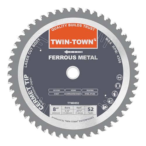 TWIN-TOWN 8 Inch 52 Teeth Dry Cut Steel and Ferrous Metal Cermet Saw Blade with 5/8-Inch Arbor - size: 8" 52T thick steel