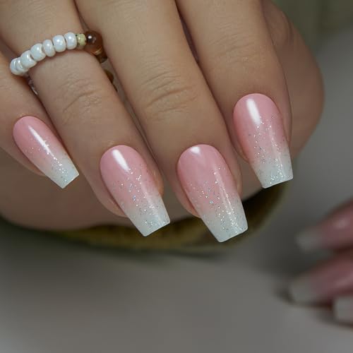 CurvLife Medium Square Ombre Press On Nails, Gradient Nude White, Soft Gel - color: Gradient Nude White