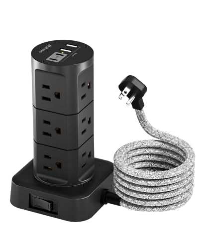 Charging Station Tower, Power Strips with Surge Protection, Flat Plug - color: Black, size: 6 FT