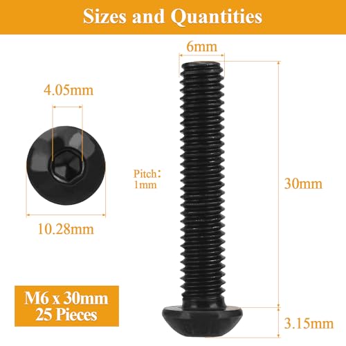 25 Pieces M6 x 30mm Button Head Socket Cap Screws, Thread Pitch 1.0mm, Sutemribor M6 Black Screws, 10.9 Grade Alloy Steel, Black Oxide Finish, Fully Threaded - size: M6 x 30mm, style: Button Head