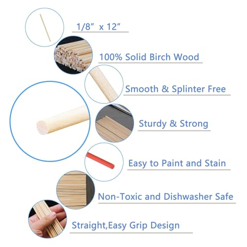 KTOJOY 150PCS Dowel Rods Wood Sticks Wooden Dowel Rods - 1/8x 12 Inch Precut Dowels for Crafting, Hardwood Dowel Rod Assortment, Cake Dowels for Tiered Cakes (150, 1/8 X 12 Inch)