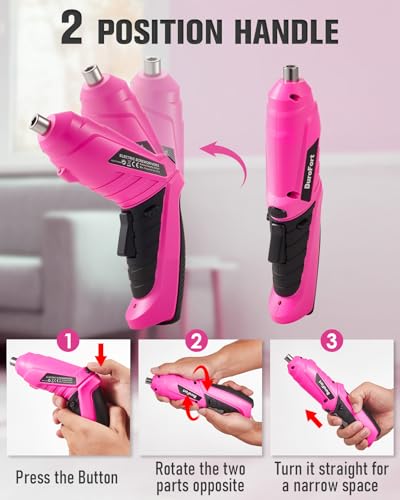 Durofort Pink Cordless Electric Screwdriver Set, 3.7V Rechargeable Small Electric Drill with 25pcs Driver Bit Set, Power 3Nm Screw Gun with 2 Position Handle, Flexible Shaft LED Light for Women