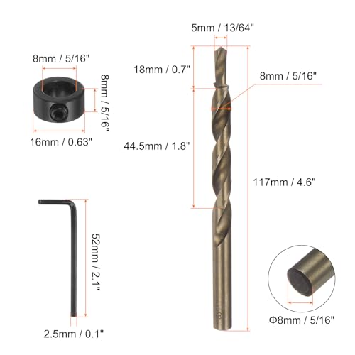 HARFINGTON 2pcs Pocket Hole Drill Bit 5/16" Dia 13/64" Tip Round Shank Replacement Twist Step Drill Bit with M8 Depth Stop Collar and Wrench for Woodworking - size: 13/64"