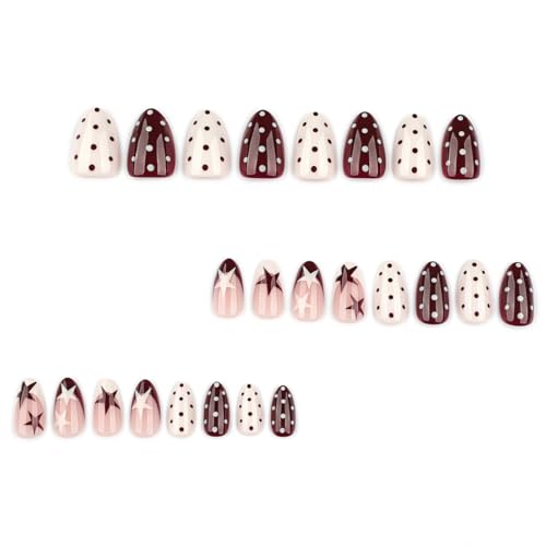 Short Almond Press On Nails Red White with Y2K Star Polka Dot - color: Style20