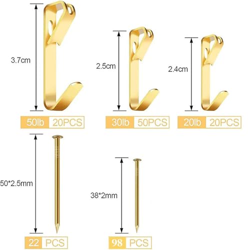 210Pcs Picture Hanging Kit with 20LB/30LB/50LB, Wall Hook with Nails for Hanging Picture, Metal Hangers Hook for Drywall & Wooden Wall - color: Gold