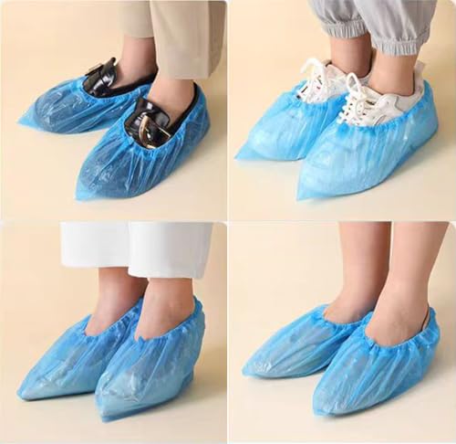 200 Pack Shoe Covers Disposable Non Slip, Premium Waterproof and Recyclable Shoe Booties Covers for Indoors, Fits Up To 11 US Men and 13 US Women Size, 100 Pairs Elastic Caps Plastic Shoe Covers Blue.
