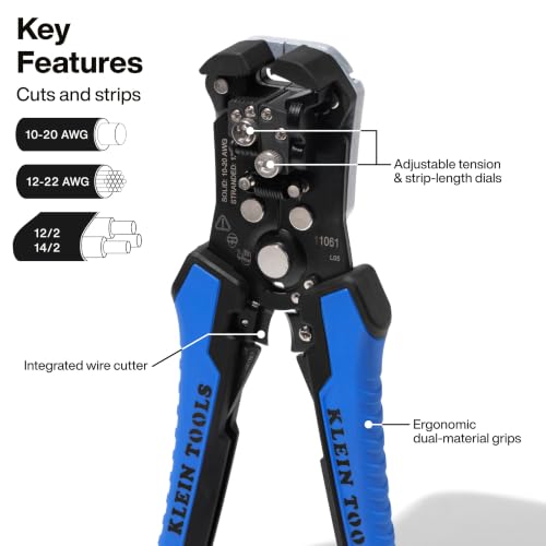 Klein Tools 11061 Self-Adjusting Stripper / Cutter, Heavy Duty, for 10-20 AWG Solid, 12-22 AWG Stranded, and Romex Wire 12/2 and 14/3
