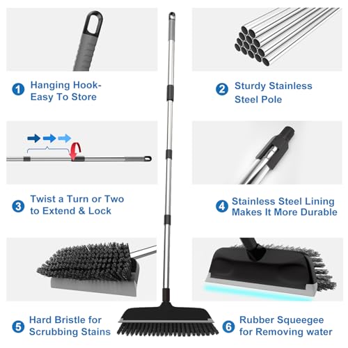 ITTAR Floor Scrub Brush with 55" Long Handle, 10" Wide Stiff Bristles Deck Brush, Stainsless Steel Pole Heavy-Duty Cleaning Brush, 2-in-1 Scrubber with Ruber Squeegee for Deck, Patio, Pool, Tile, Wall