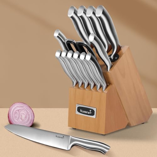 Kuisine Premium Sharp Knife Set,High Carbon Stainless Steel Sharper Blade Ergonomic Non-slip Handle,Kitchen Block Knife Set Chef Knife Block Set with Built-in Sharpener(Acacia, 15PCS) - color: ET Acacia Wood