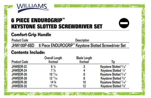 Williams JHW100P-6SD 6-Piece Endurogrip Slotted Screwdriver Set - style: 6 Piece Slotted