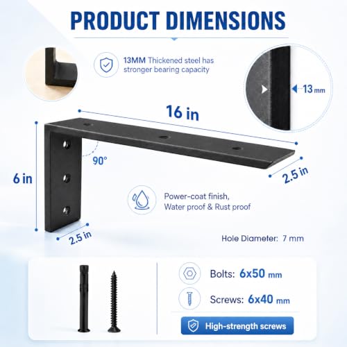 WINKER Countertop Support Bracket 4 Pack Heavy Duty 1/2" Thick Hidden L Shelf Bracket 16" x 6" x 2.5" Metal Corbels for Quartz/Granite/Wood/Concrete/Laminate Countertops, Black - size: 16″x6″x2.5″-1/2" thick, style: Black-4Pack