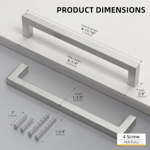 Goldenwarm 6-1/4 Inch 10 Pack Brushed Nickel Cabinet Pulls Kitchen Handles - color: Brushed Nickel, size: 6 1/4" Hole Center