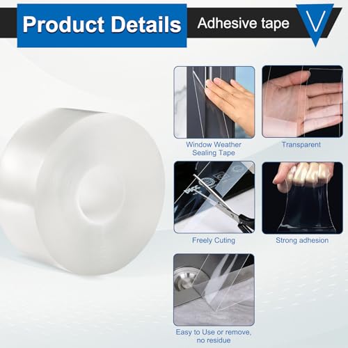 Window Weather Sealing Tape 2 Inch x 33 FT Weather Stripping Residue-Free Clear Window Insulation Caulk Tape for Doors Windows and Shower Glass Gaps Bathroom - size: 2 in x 33 ft x 20 mils