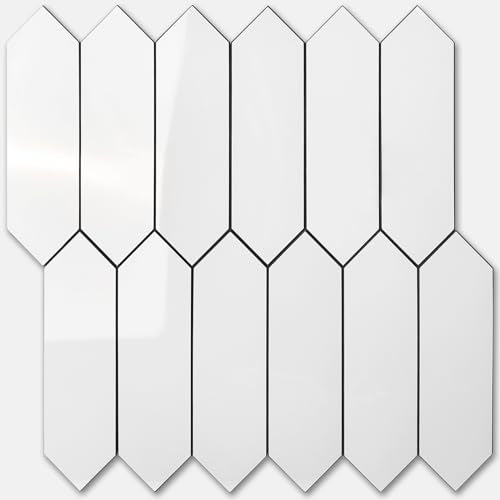 Vamos Tile Glossy White Backsplash Tile Peel and Stick, 12.8 x 12.8 Inch 10 Sheets Long Hexagon PVC Self Adhesive Mosaic Wall Tiles Stick on Backsplash for Kitchen and Bathroom - color: Glossy White with Dark Gray Grout