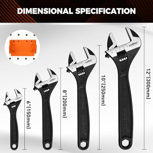 HORUSDY 4-Piece Adjustable Wrench Set With 4-Piece Magnetic Wrench Organizer Racks, 6" 8" 10" Wide Jaw Black Oxide Wrenches with Tool Roll Pouch, Metric&SAE Scales, CR-V Steel for Home Garage Workshop - style: 4PC Wide Jaw Set (6" 8" 10" 12") +4PC Magneti