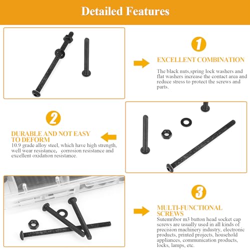 305 Pieces M3 x 30/35/40/45/50mm Button Head Socket Cap Screws Nuts Washers Set Black, Sutemribor M3 Long Screws, M3 Black Screws Nuts Washers Assortment Kit, 10.9 Grade Alloy Steel, Fully Threaded - size: M3 x 30-50mm, style: Button Head