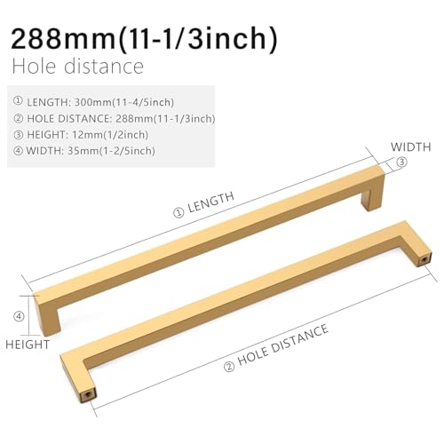 Cabinet Pulls Gold Cabinet Handles Square Drawer Pulls, 10 Pack 11-1/3 Inch Stainless Steel Kitchen Door Cupboard Cabinet Handles, Drawer Hardware Handles, 288mm Hole Centers - color: Gold, size: Two Hole - 11-1/3 inch Hole Centers(288mm)