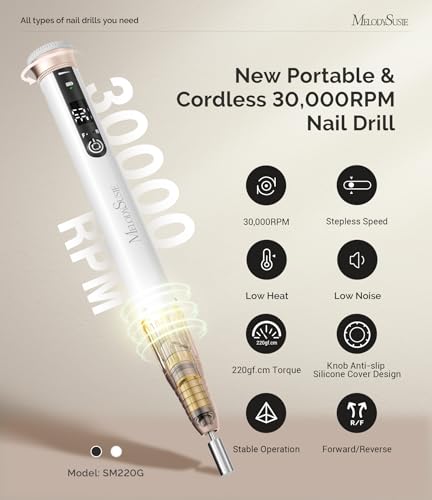 MelodySusie Pen-Shaped Cordless Nail Drill 30,000RPM SM220G for Nail Artist - size: White