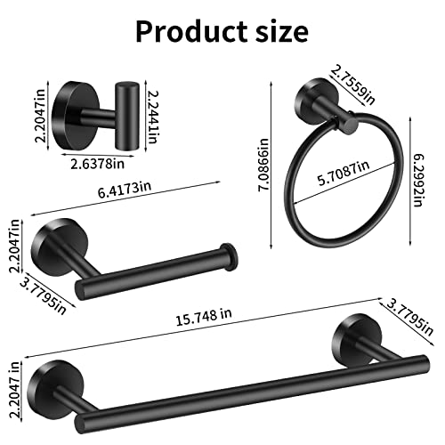 Towel Bar Set Mattel Black, Bathroom Accessories Set 5pcs Including 16'' Tower Bar, Towel Ring and 2 PCS Towel Hooks - color: Black-5pcs-16inch
